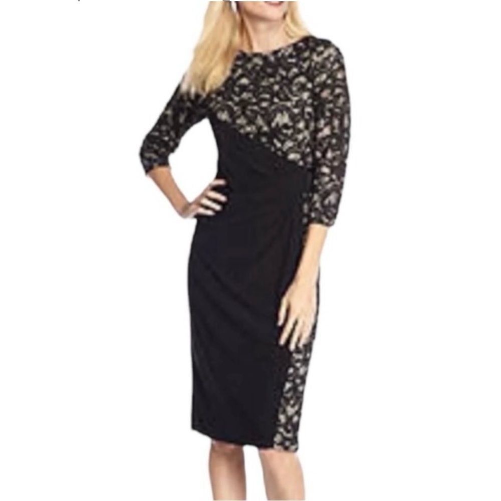 R&M Richards Black and Gold Lace Long Sleeve Dress
